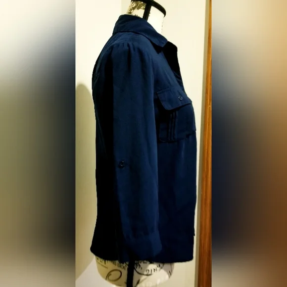 Laura Scott Navy Blue 3/4 Chiffon Sleeve Buttoned Blouse Career Office Casual PS - Picture 8 of 8